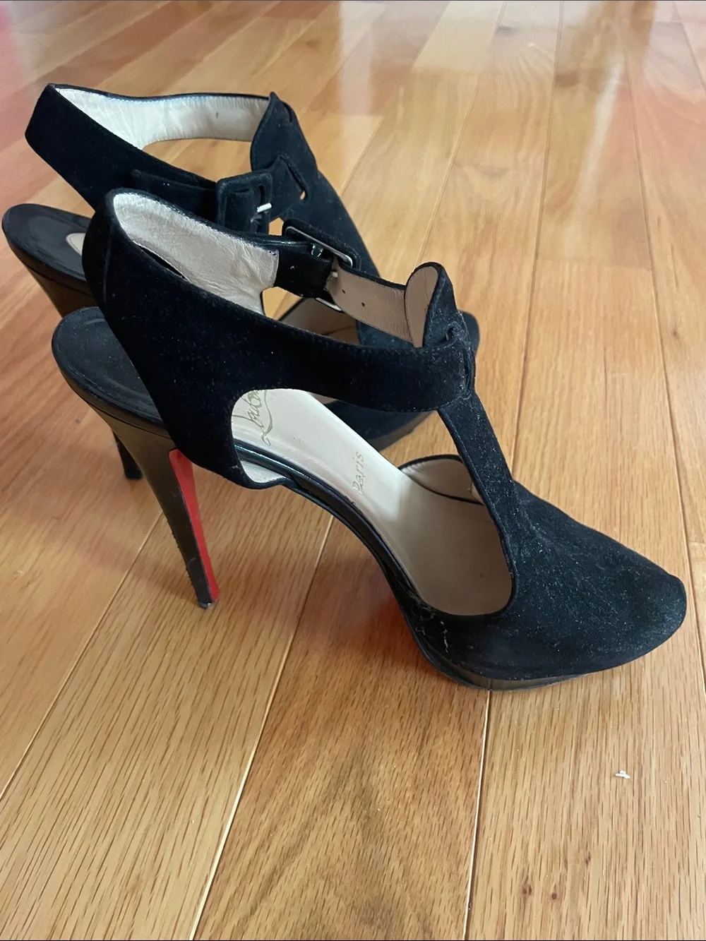 Christian Louboutin  Black Suede T-Strap High Heel Sandals